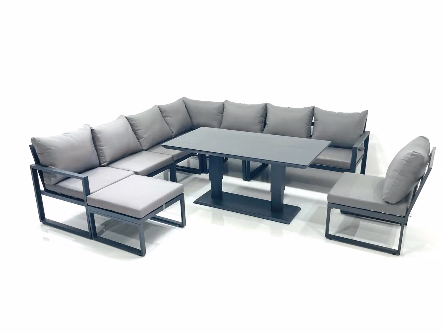 Fimous 9 Seater Outdoor Garden Furniture Set with Corner Sofa, Big Footstool and Height Adjustable Dining Table in Dark Grey – 2