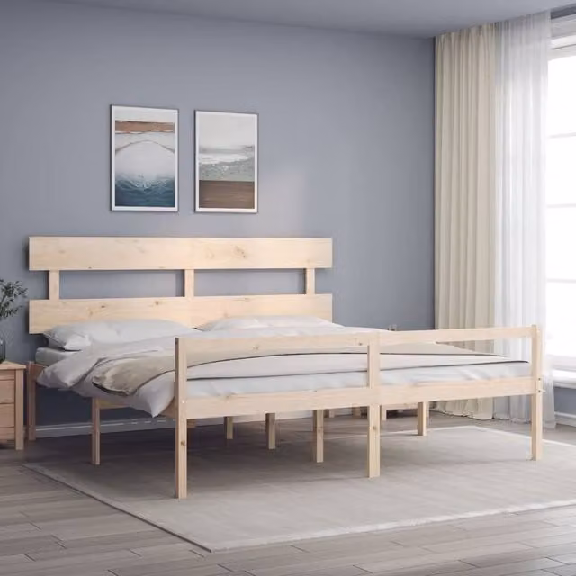 Berkfield Home Rustic Solid Pine Bed Frame with Headboard, Brown, W/D/H: 200 x 200 cm – 1