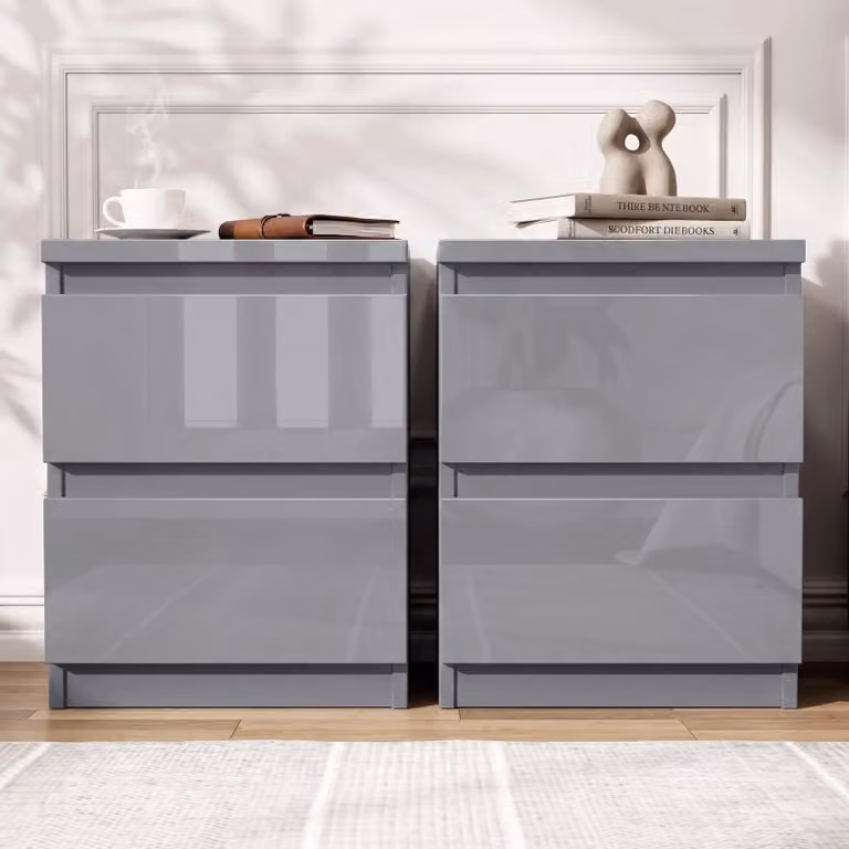 DHS Set of 2 Grey High Gloss Bedside Tables with 2 Drawers