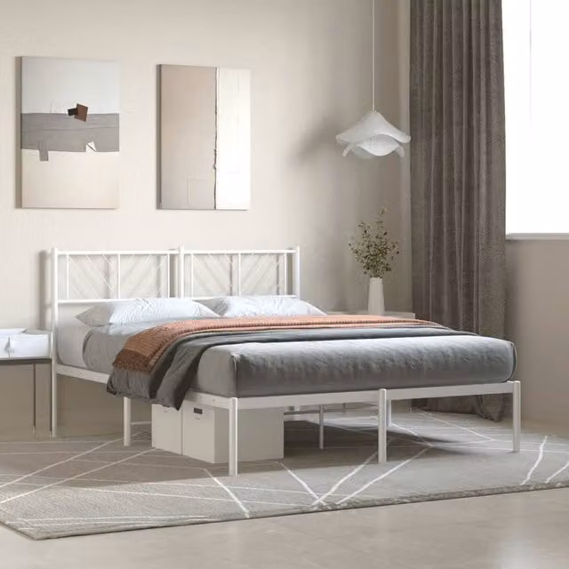 Berkfield Home Metal Bed Frame with Headboard, White, W: 140 cm, L: 200 cm