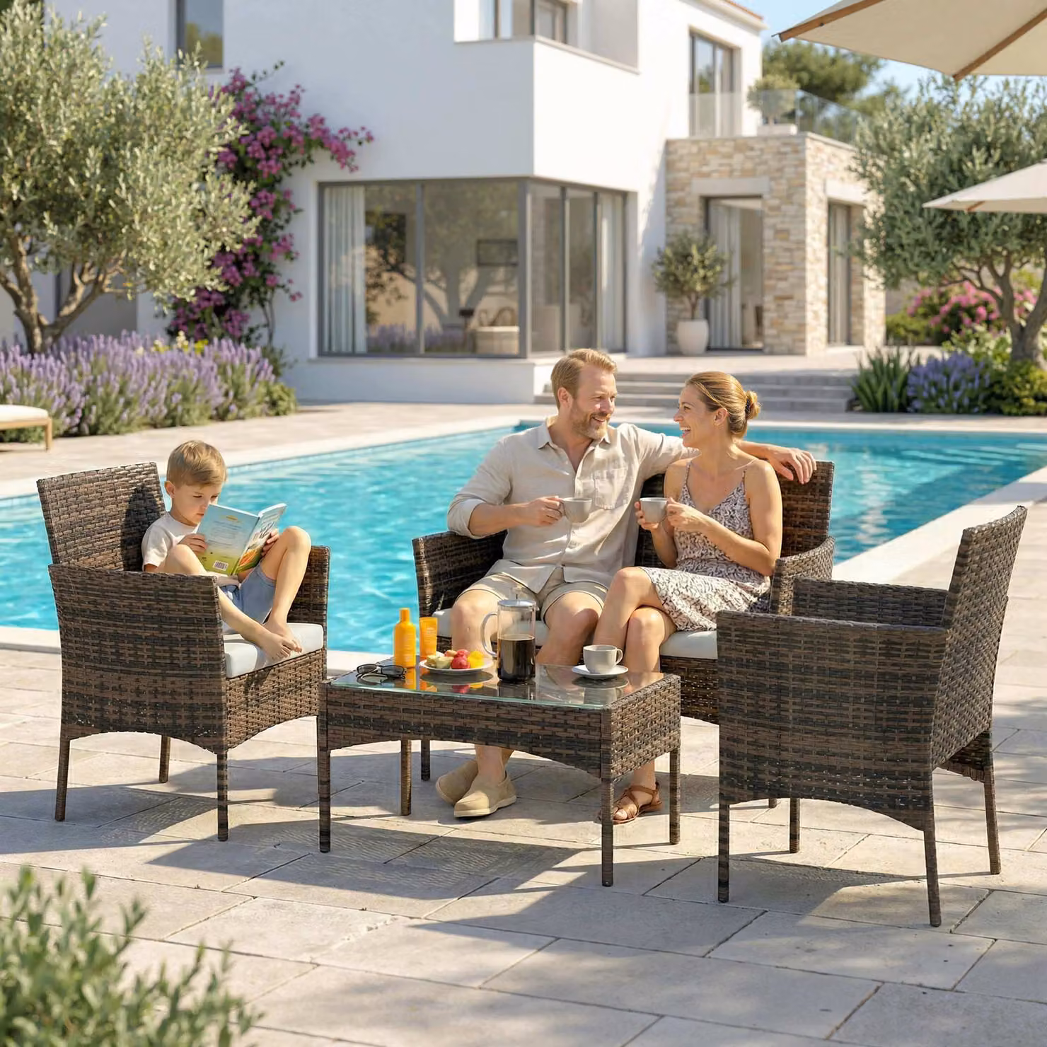 Outsunny 4 Piece Rattan Garden Furniture Set in Brown with 2 Seater Sofa, Armchairs, Glass Top Coffee Table and Upholstered Cushions – 7