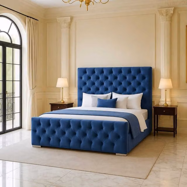 K Mehmood Enterprise Ltd Blue Velvet Chesterfield Upholstered Bed Frame with Headboard and Footboard