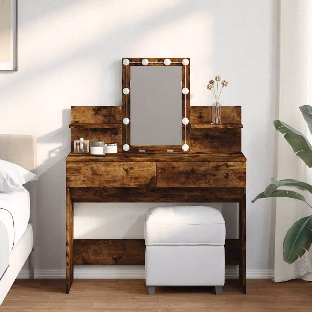 Berkfield Home Beautiful Hollywood LED Dressing Table in Smoked Oak Brown, W/D/H: 100 x 40 x 130 cm – 2