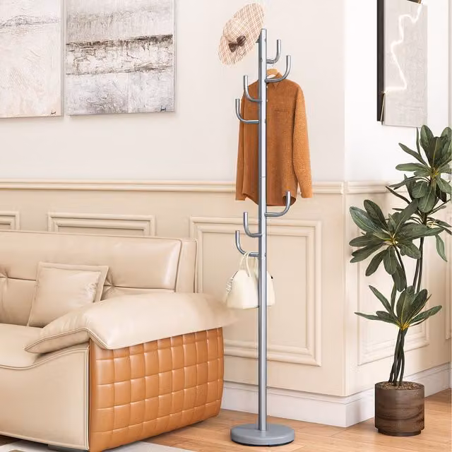 COSTWAY Modern Silver Metal Freestanding Coat Rack with Post Tree Design