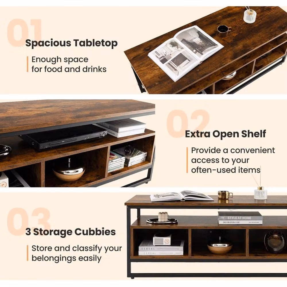 VOGREX Industrial Centre Table with Open Shelf and 3 Storage Cubbies in Brown – 4