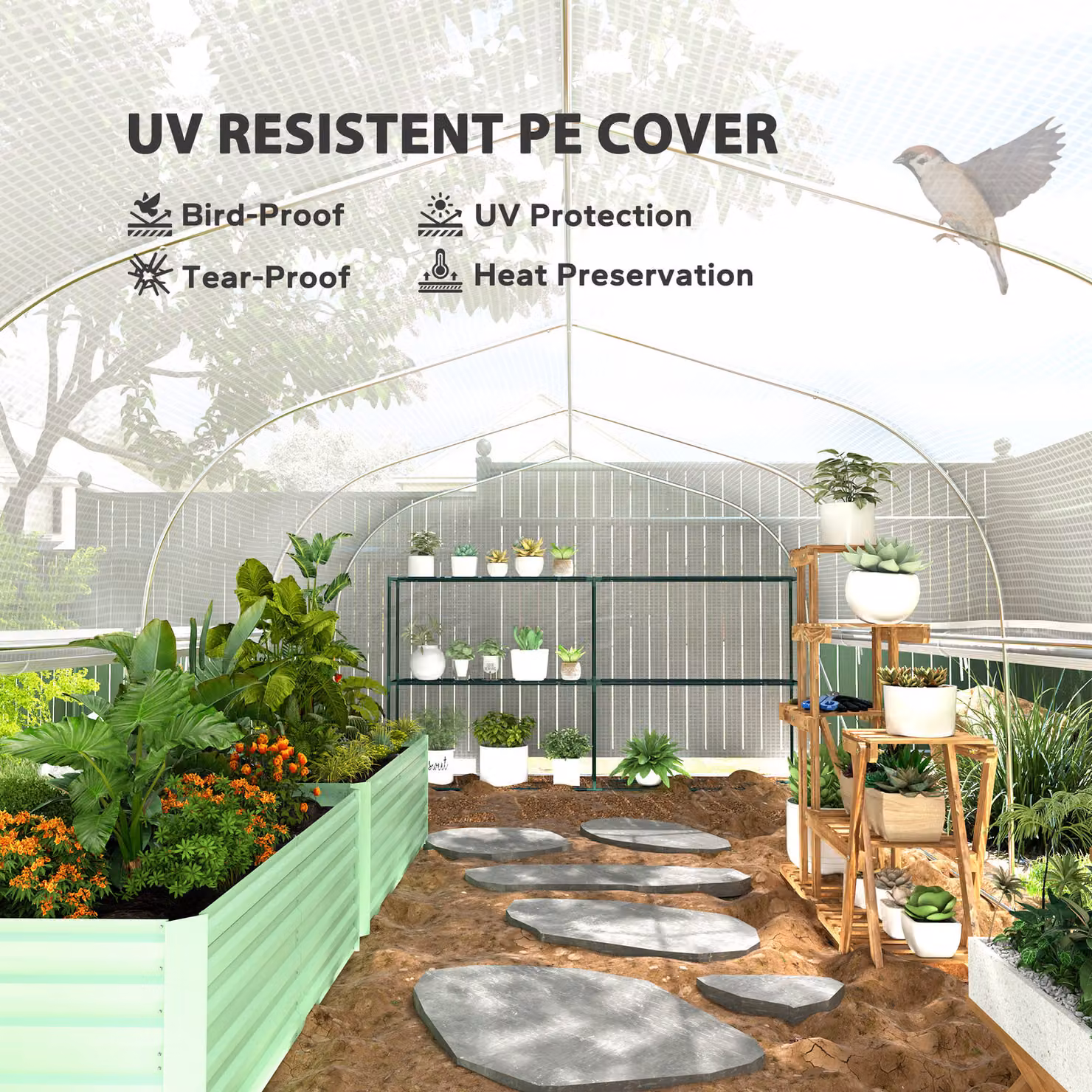 Outsunny Heavy Duty White Polytunnel with Sidewalls, Door and 8 Windows, W/D/H: 6 x 3 x 2 m – 4