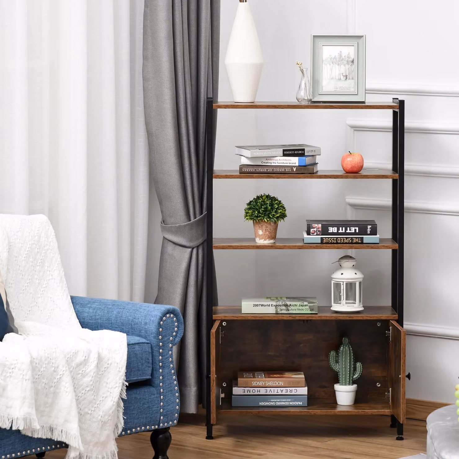 HOMCOM Multifunctional Industrial Bookshelf and Storage Cabinet in Brown – 3