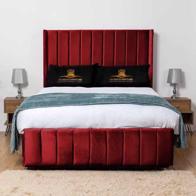 UK Bed Furniture Arizona Wingback Divan Bed Base with 54 Inch Headboard, Red Velvet, King Size, W/D/H: 180 x 200 cm