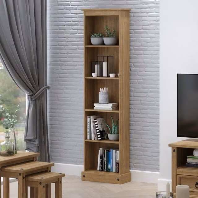 Core Products Ltd Corona Antique Wax Pine Tall Narrow 5 Shelf Bookcase with Adjustable Shelves