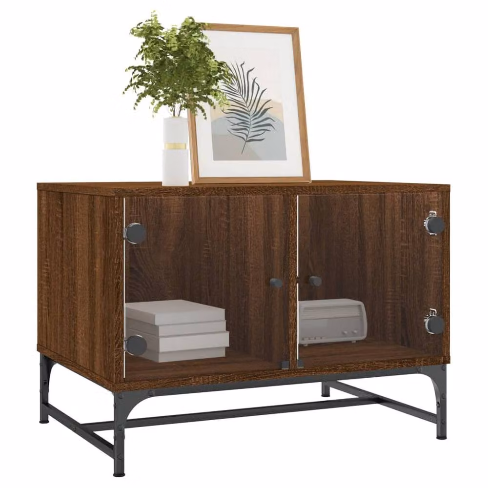 Berkfield Home Modern Coffee Table with Glass Doors in Brown Oak, W/D/H: 68.5 x 50 x 50 cm – 3
