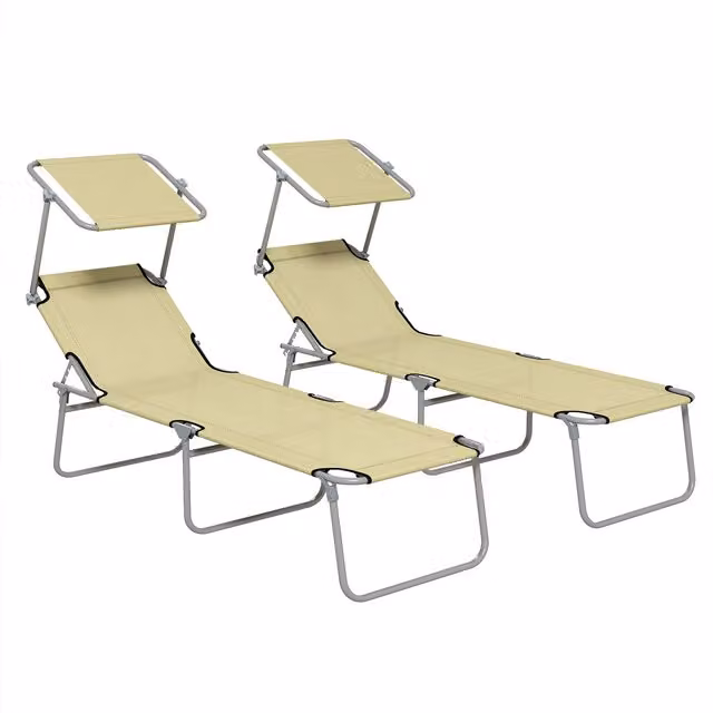 Outsunny Set of 2 Foldable Outdoor Sun Loungers with Adjustable Backrest and Sun Shade Awning, Beige – 1