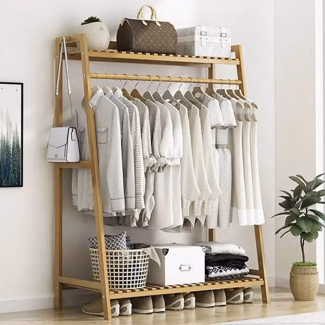 PAWNORA Classic Wooden Clothes Rail Rack in Natural Beige, W: 100 cm, H: 140 cm – 1