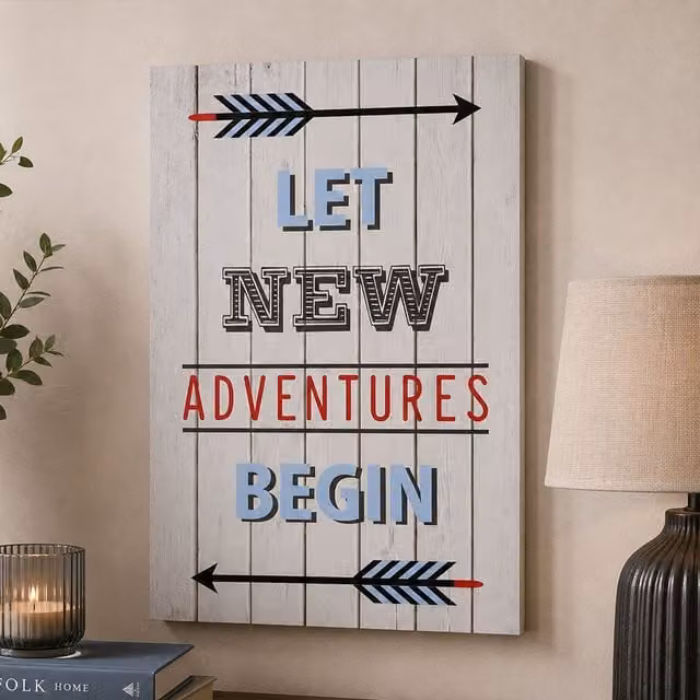 Orsina Let New Adventure Begin Kids Wall Plaque, Multicolour and Grey Typography Wood Wall Art, W: 45 cm, H: 30 cm – 1