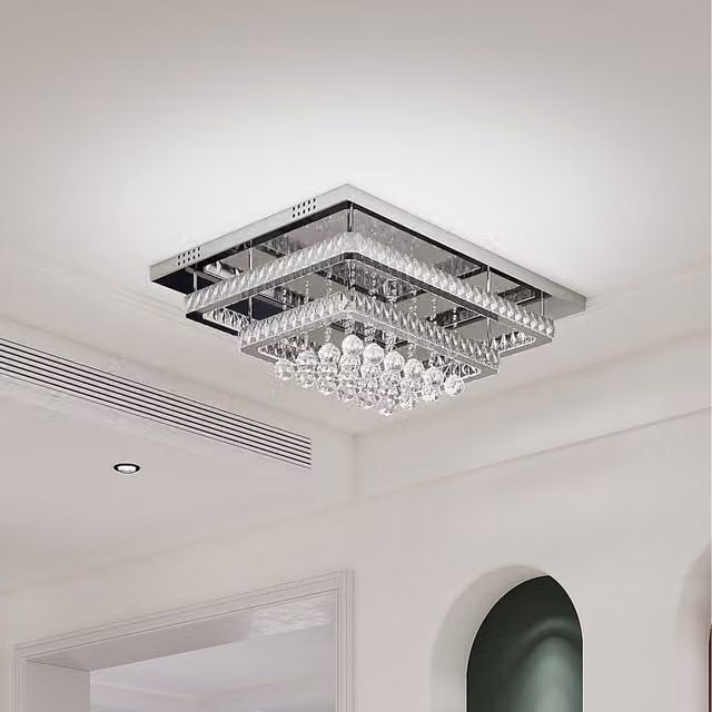 Komore Multi-Layer Rectangular Crystal LED Flush Mount Ceiling Light in Silver and Chrome