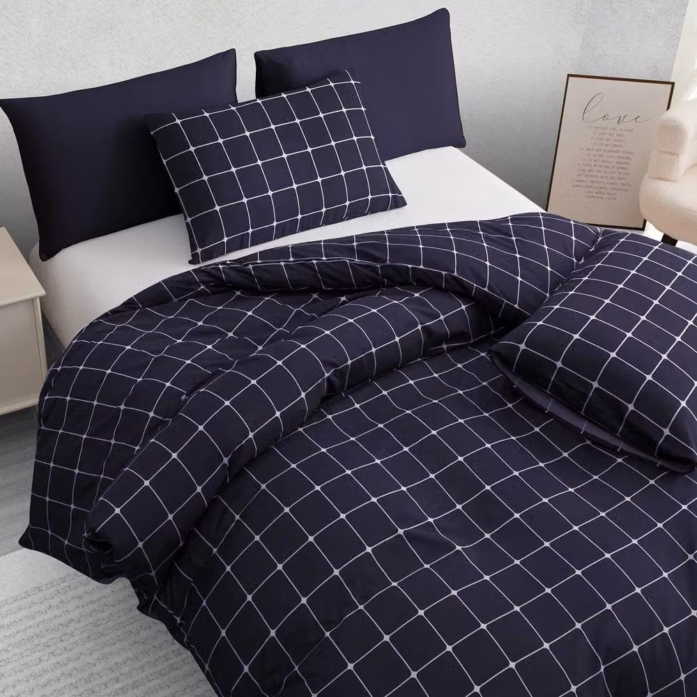 Lazzaro Home Blue Checked Microfibre King Size Reversible Duvet Cover and Pillowcase Set with Zip Closure – 6