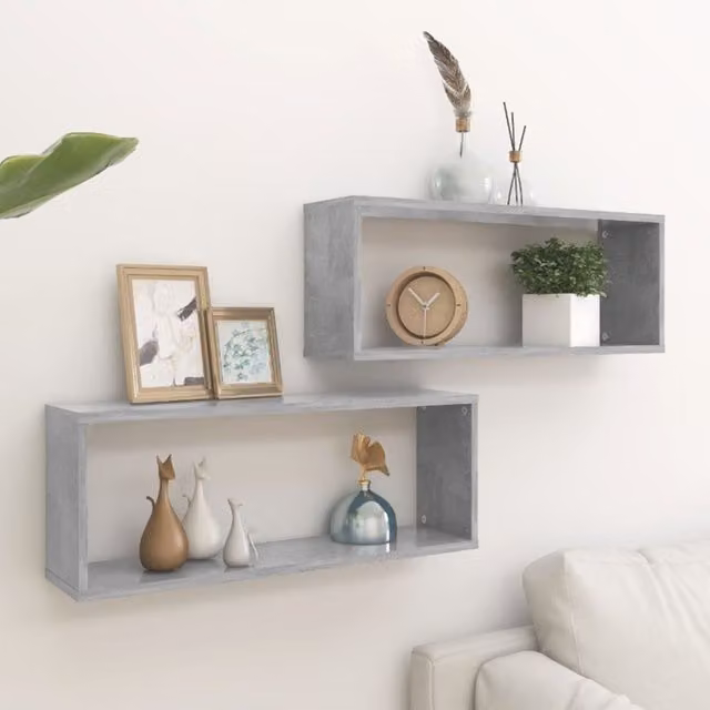 Berkfield Home Wall Mounted Cube Shelf Set of 2, Concrete Grey, W: 60 cm, D: 15 cm, H: 23 cm