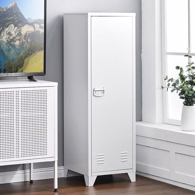 Livingandhome Modern White Metal Freestanding Filing Cabinet with Adjustable Shelves and Hinged Doors