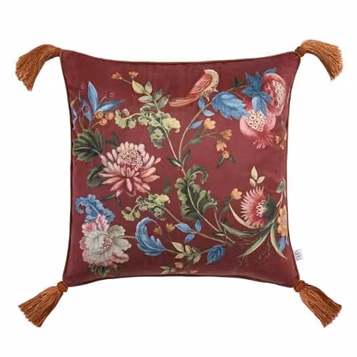 Dreams & Drapes Bejewelled Floral Print Velvet Filled Cushion, Multicolour Red and Orange, W/D/H: 43 x 43 x 43 cm