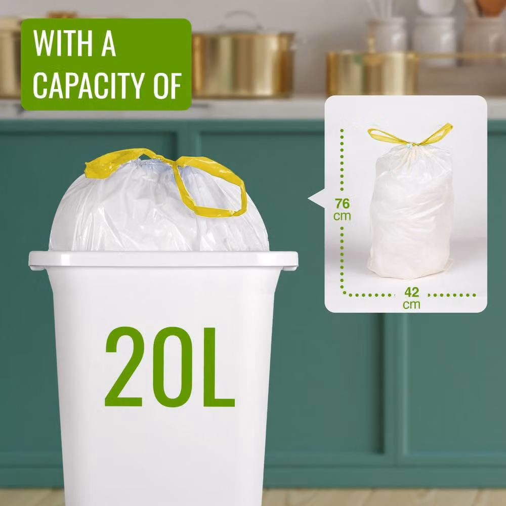 EcoBag Lemon Scented Kitchen Drawstring Bin Liners, 20L, Yellow, Pack of 20 – 2
