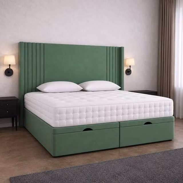 Soft Snooze Beds Oxford Winged Divan Ottoman Bed in Green, W/D: 180 x 200 cm