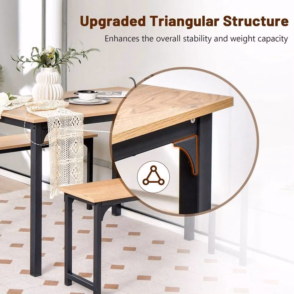 KORVIXA 3-Piece Industrial Dining Table and Benches Set in Brown – 4