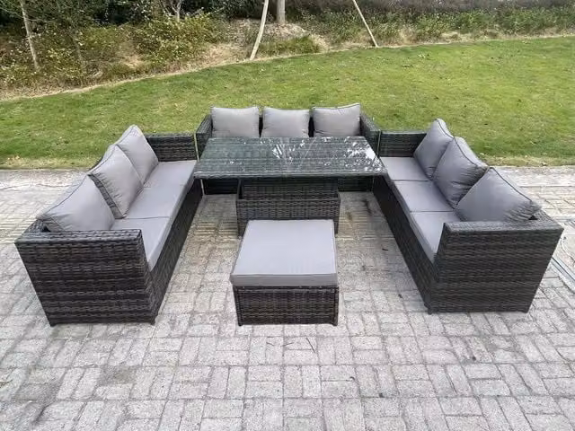 Fimous 10 Seater Rattan Garden Furniture Set with Adjustable Lifting Dining Table and Large Footstool in Dark Grey
