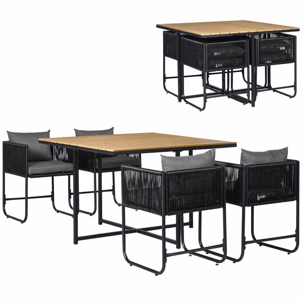 STILVORA Modern Black Metal and Rattan Space-Saving Dining Set – 3