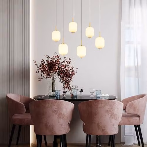 Globo Lighting Height-Adjustable LED Pendant Lamp with 6 Opal Glass Bulbs in Brass and Black, W/D/H: 80.5 x 80.5 x 220 cm – 6