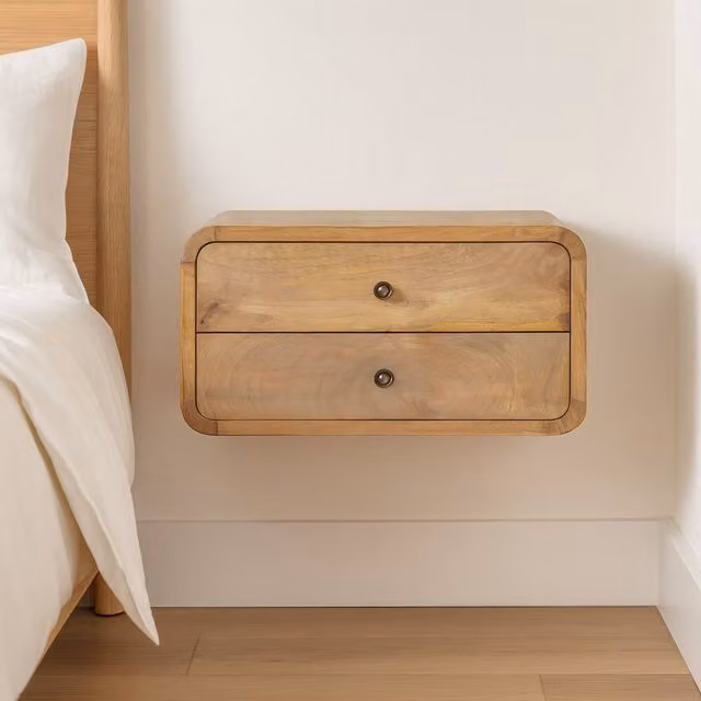 Direct Wicker Oak-ish Solid Wood 2 Drawer Floating Bedside Table in Brown – 1