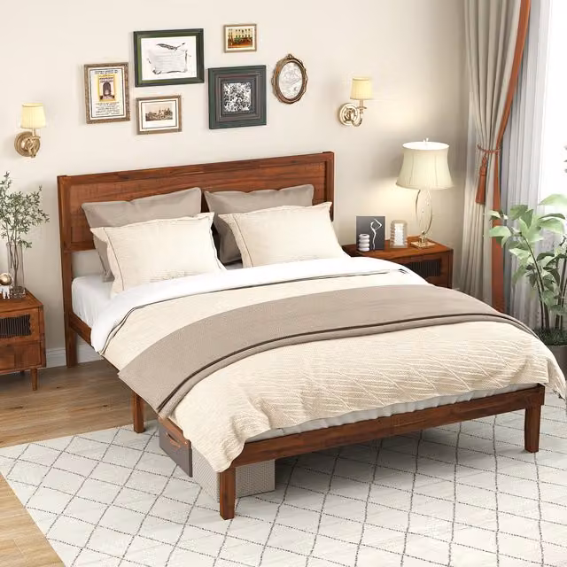 COSTWAY Mid-Century Solid Wood Platform Bed Frame with Drawers, Brown, W/D/H: 180 x 200 cm