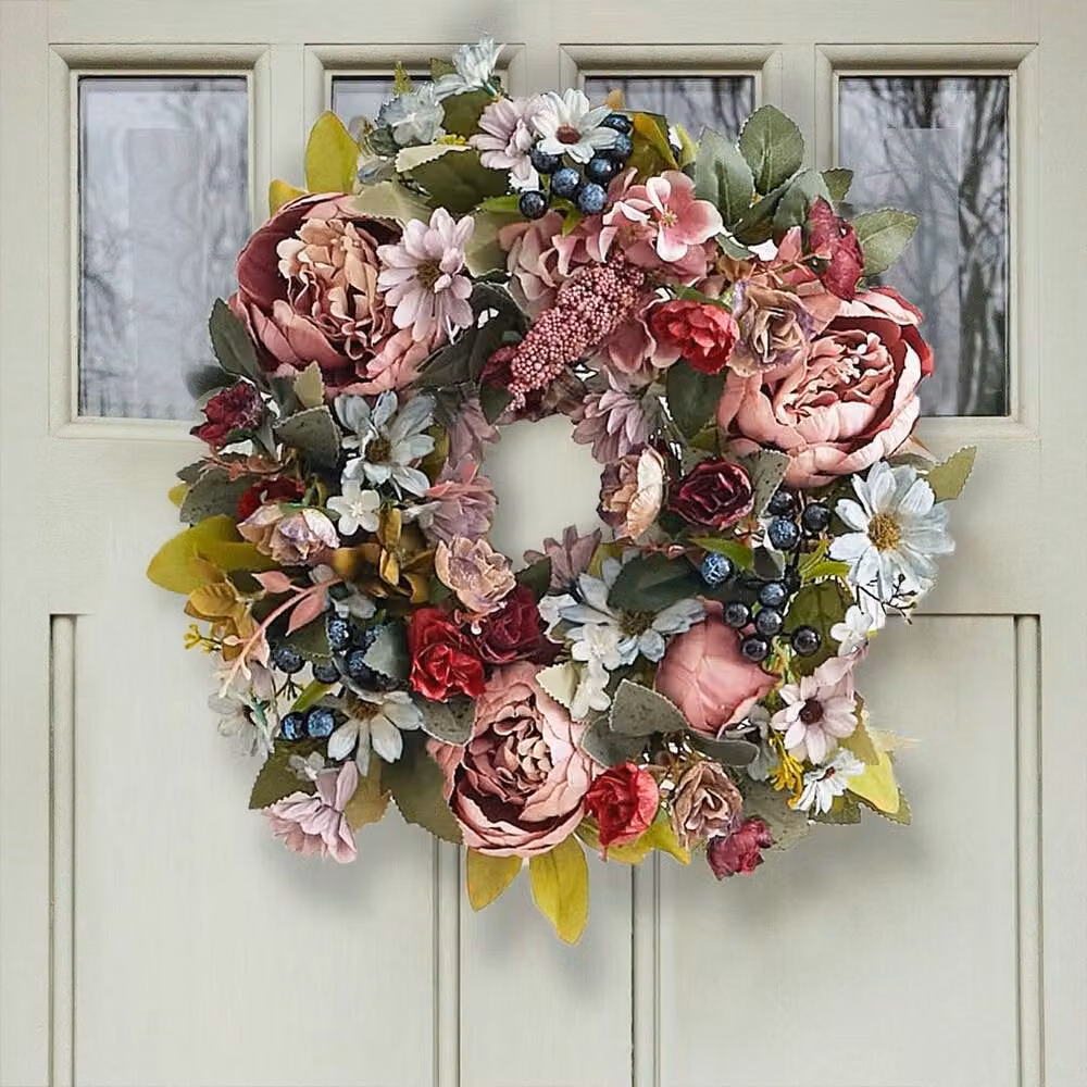 NESTLUNE Multicolour Artificial Peony Flower Wreath with Rattan and Textile Leaves, Diameter: 100 cm, Width: 15 cm – 5