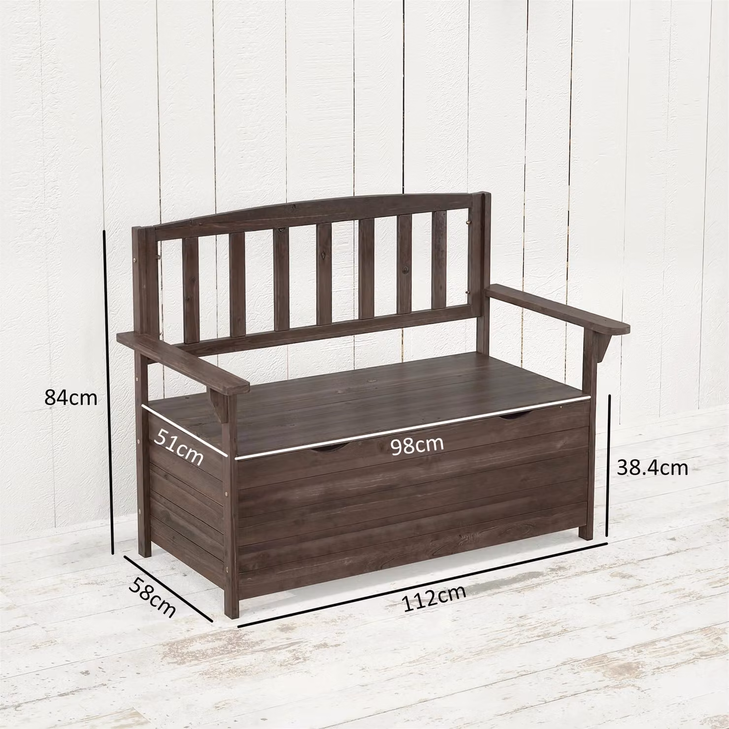 Outsunny 2 Seater Wooden Garden Bench with Storage and Armrests, Brown, W: 112 cm, D: 84 cm, H: 58 cm – 3