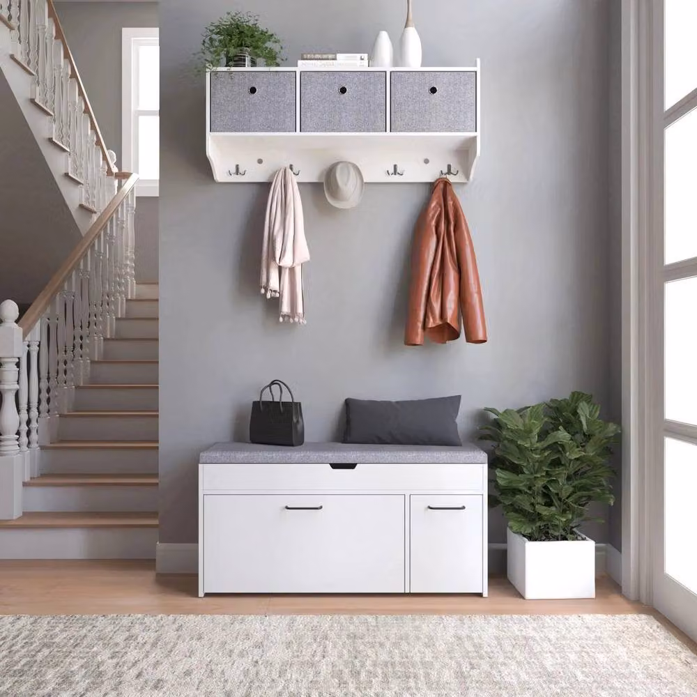 EONLION White and Grey Industrial Shoe Bench and Cabinet with Fabric Seat, Width: 100 cm – 2