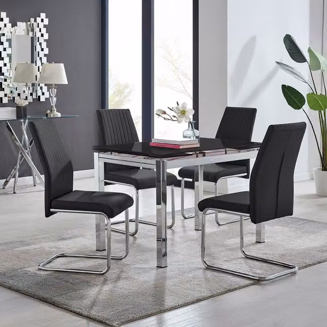 Furniturebox Enna Black Glass Extending Dining Table and 4 Lorenzo Chairs Set