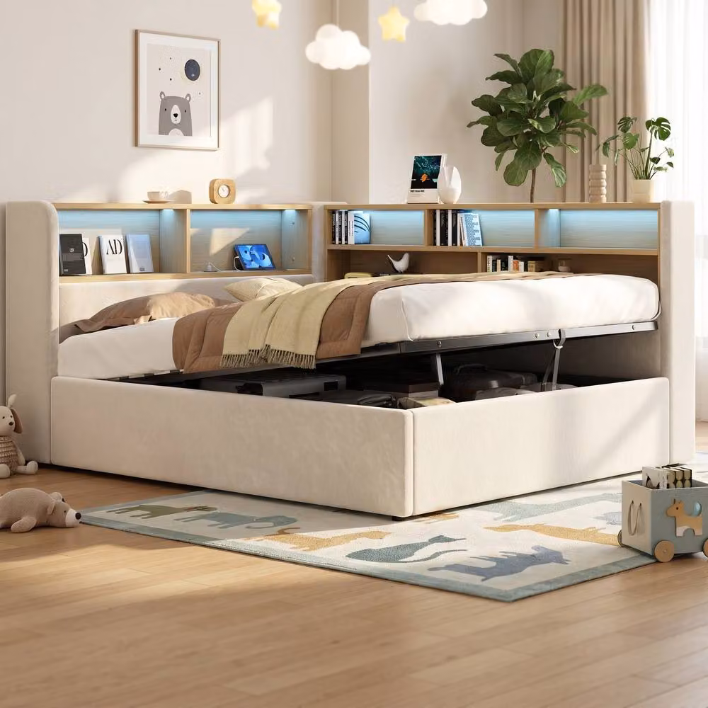 Rolipo Velvet L-Shaped Hydraulic Storage Bed with LED Lighting and USB Charging Port, Beige, W: 135 cm, L: 190 cm – 2