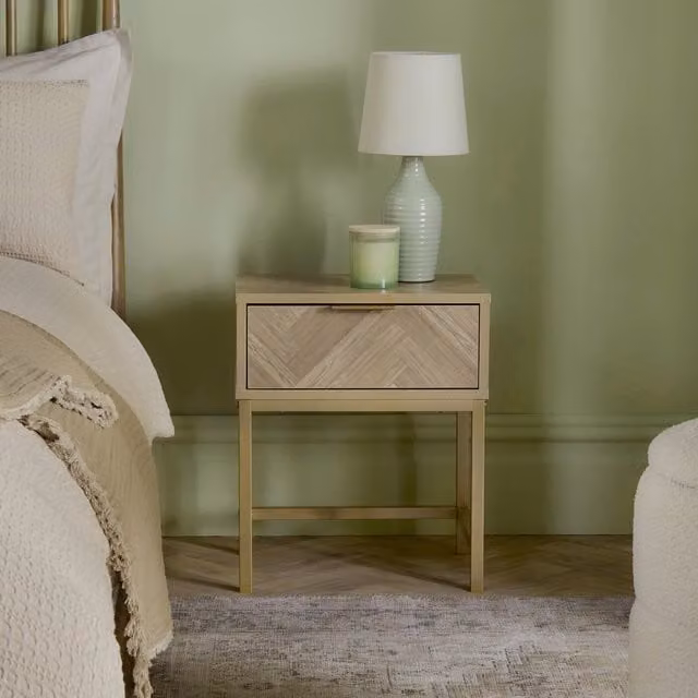 VonHaus Ducie 1 Drawer Bedside Table with Herringbone Design in Brown and Gold – 1