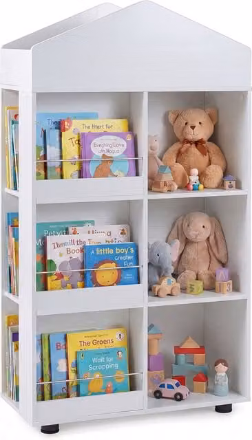 COSTWAY Wooden Kids Toddler Dollhouse Bookcase and Toy Storage in White
