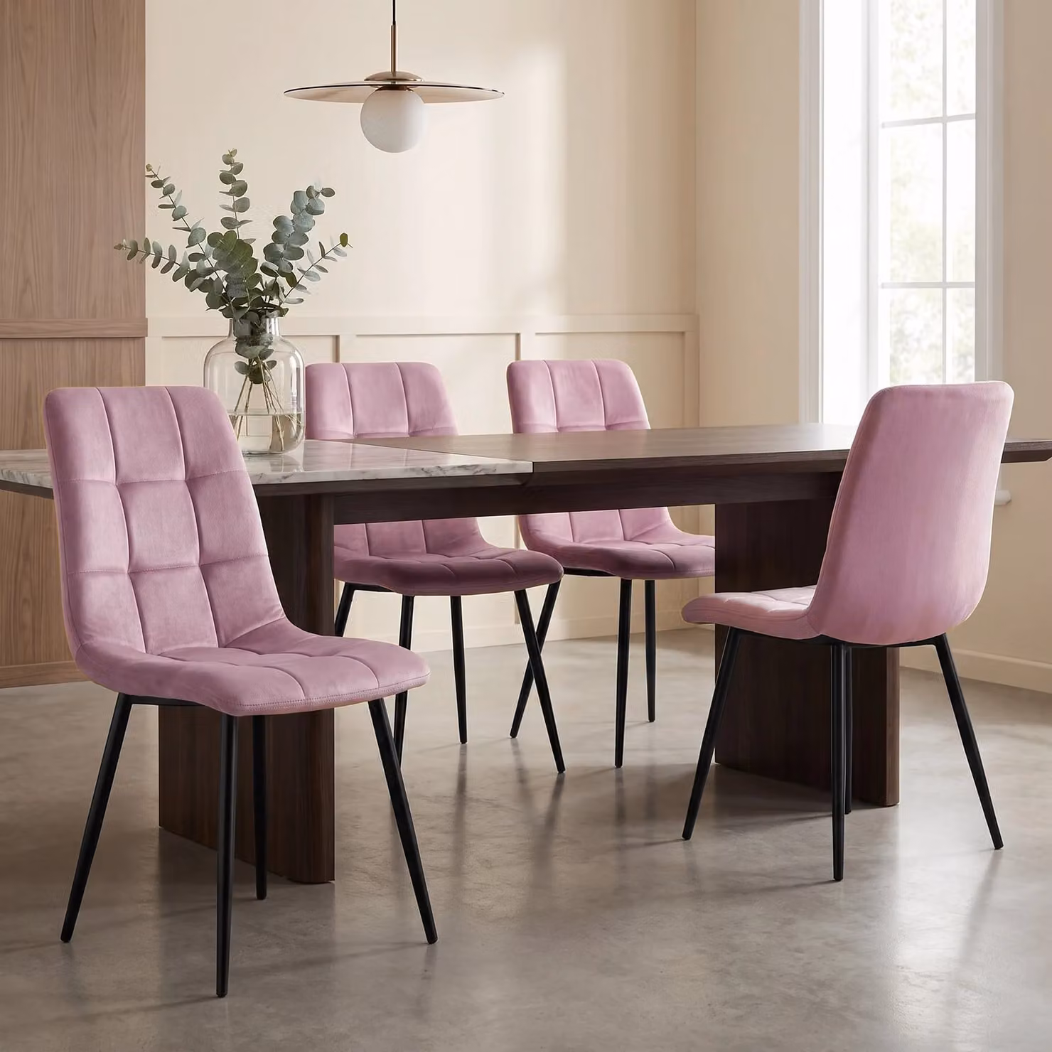 DHS Set of 4 Modern Velvet and Bouclé Dining Chairs with Armrests and Metal Frame