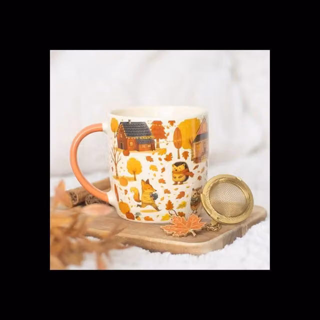 KDMD Creature Comforts Multicolour Ceramic Mug and Metal Tea Strainer Set, 370ml – 1