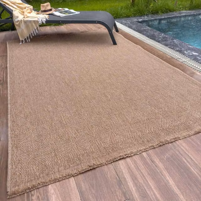 THE RUGS Jute Looking Diamond Design Outdoor Rug in Beige and Grey, W: 140 cm, L: 200 cm
