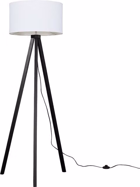 Barbro Tripod Reni Black Floor Lamp with White Fabric Shade and Wood Legs