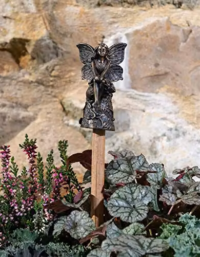 Jardinopia Fairy Sitting On Tree Stump Stake or Cane Topper, Bronze, H 8.5 x W 5 x D 4.5 cm – 6