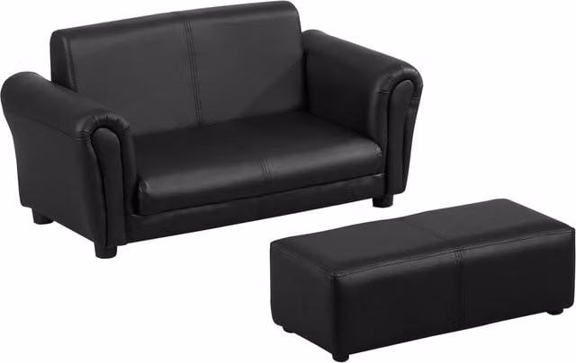 HOMCOM 2 Seater Toddler Sofa with Matching Ottoman, Black Synthetic Leather Upholstered Kids Double Armchair with Solid Wood Frame