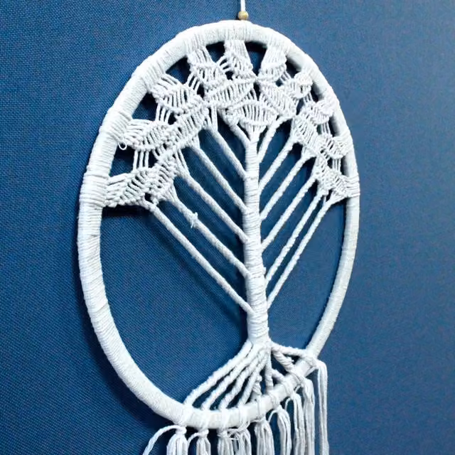 KDMK Tree of Life White Boho Dreamcatcher with Textile Leaves, Diameter: 42 cm