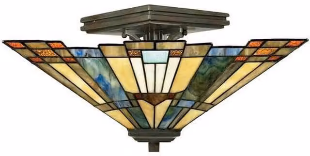 Inglenook 2 Light Tiffany Semi Flush Ceiling Light in Bronze with Multicolour Glass and E27 Bulb Holder