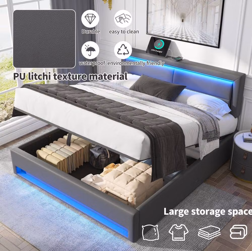 STILVORA Grey Upholstered King Size Bed with USB Charging Ports, LED Under-Bed Lighting and Lift-Up Storage Base, W/D/H: 180 x 200 cm – 5