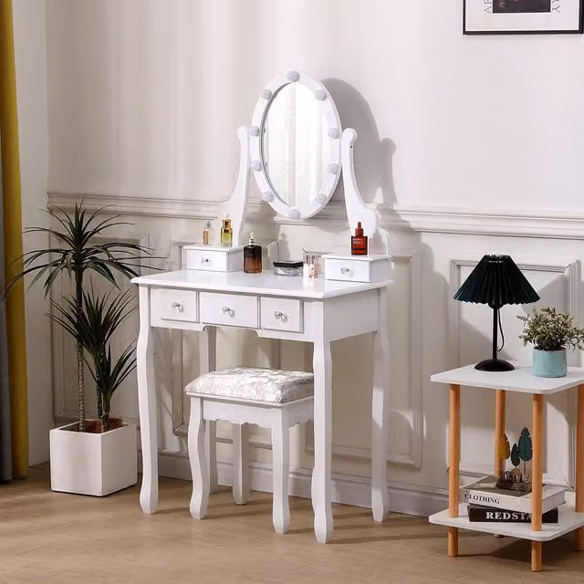 Livingandhome Lighted Makeup Vanity Desk with Mirror and Stool in White