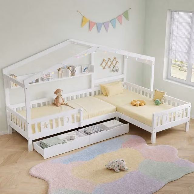 Merax White L-Shaped Corner Wooden House Bed for Children with LED Under-Bed Lighting and Drawers, Single Size (90 x 190 cm)