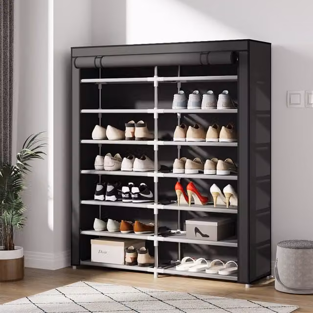 Livingandhome Modern Double-Row Freestanding Shoe Storage Cabinet with Roll-Up Shutter Doors and Internal Shelves, Black