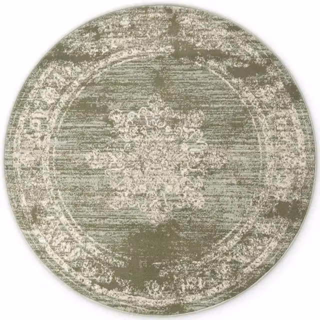 THE RUGS Gloria Lydia Vintage Oriental Round Short Pile Rug in Green, Diameter: 160 cm